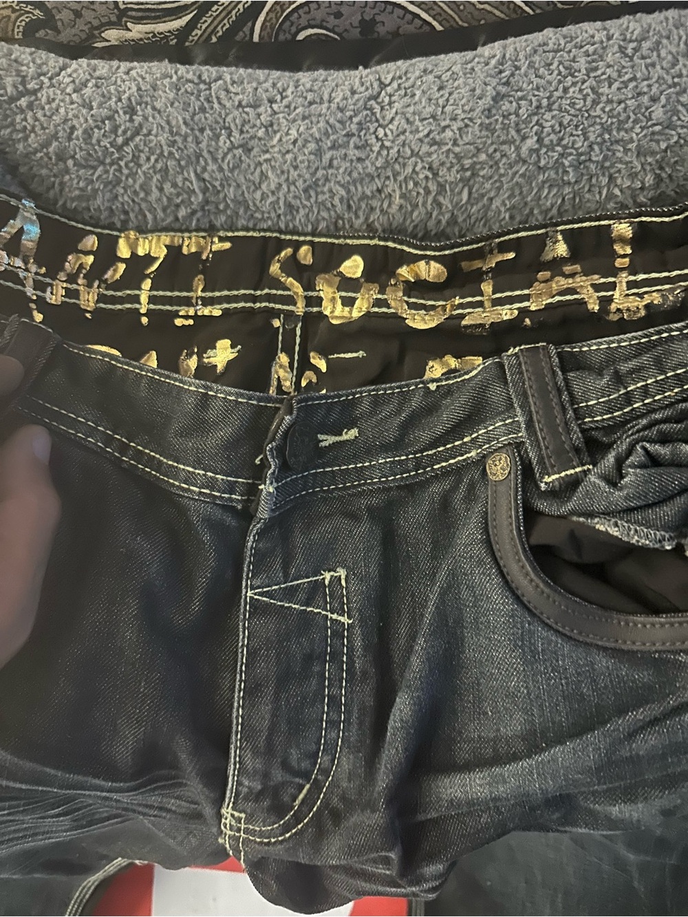 Anti Social Social Club Men's Straight dark blue jeans with Gold writing inside